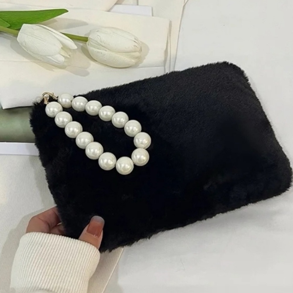Clutch Black Faux Fur with Pearl Handle